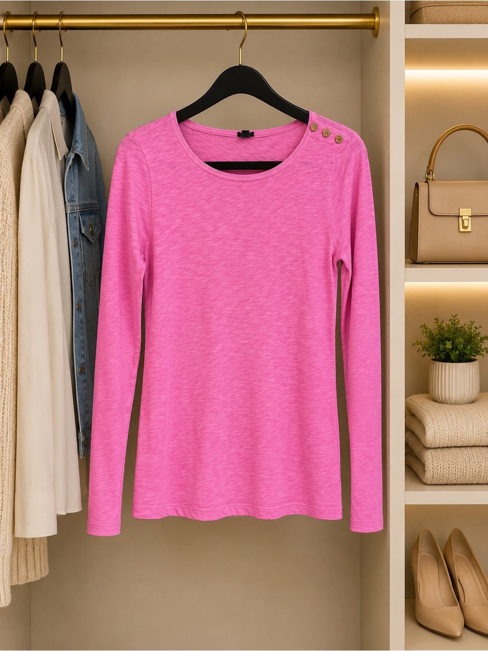 J Crew Pink Long-Sleeve Button-Shoulder Women's Top
